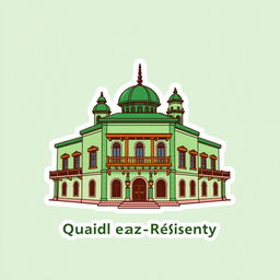 A cartoon sticker design of Quaid-e-Azam Residency in Ziarat, Pakistan, predominantly in green color, illustrating its unique architectural features such as the wooden balconies and distinct structure