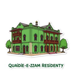 A cartoon sticker design of Quaid-e-Azam Residency in Ziarat, Pakistan, predominantly in green color, illustrating its unique architectural features such as the wooden balconies and distinct structure