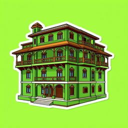 A cartoon sticker design of Quaid-e-Azam Residency in Ziarat, Pakistan, predominantly in green color, illustrating its unique architectural features such as the wooden balconies and distinct structure