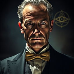 A dramatic portrait of Lord Eli Weffer, depicted as a charismatic and enigmatic figure, dressed in elegant attire with an air of mystery