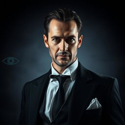 A dramatic portrait of Lord Eli Weffer, depicted as a charismatic and enigmatic figure, dressed in elegant attire with an air of mystery