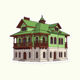 A cartoon sticker design of Quaid-e-Azam Residency in Ziarat, Pakistan, highlighted in shades of green