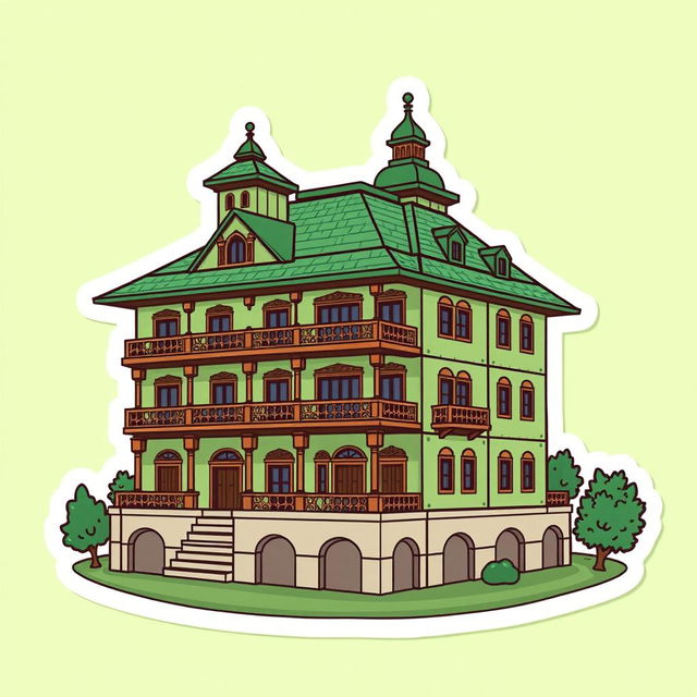 A cartoon sticker design of Quaid-e-Azam Residency in Ziarat, Pakistan, highlighted in shades of green