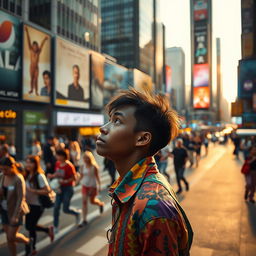 A contemplative scene featuring a unique individual standing apart from a bustling city crowd