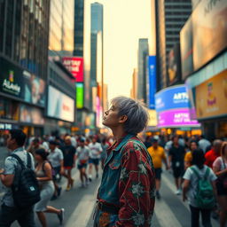 A contemplative scene featuring a unique individual standing apart from a bustling city crowd