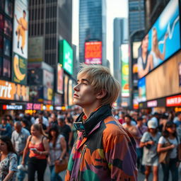 A contemplative scene featuring a unique individual standing apart from a bustling city crowd