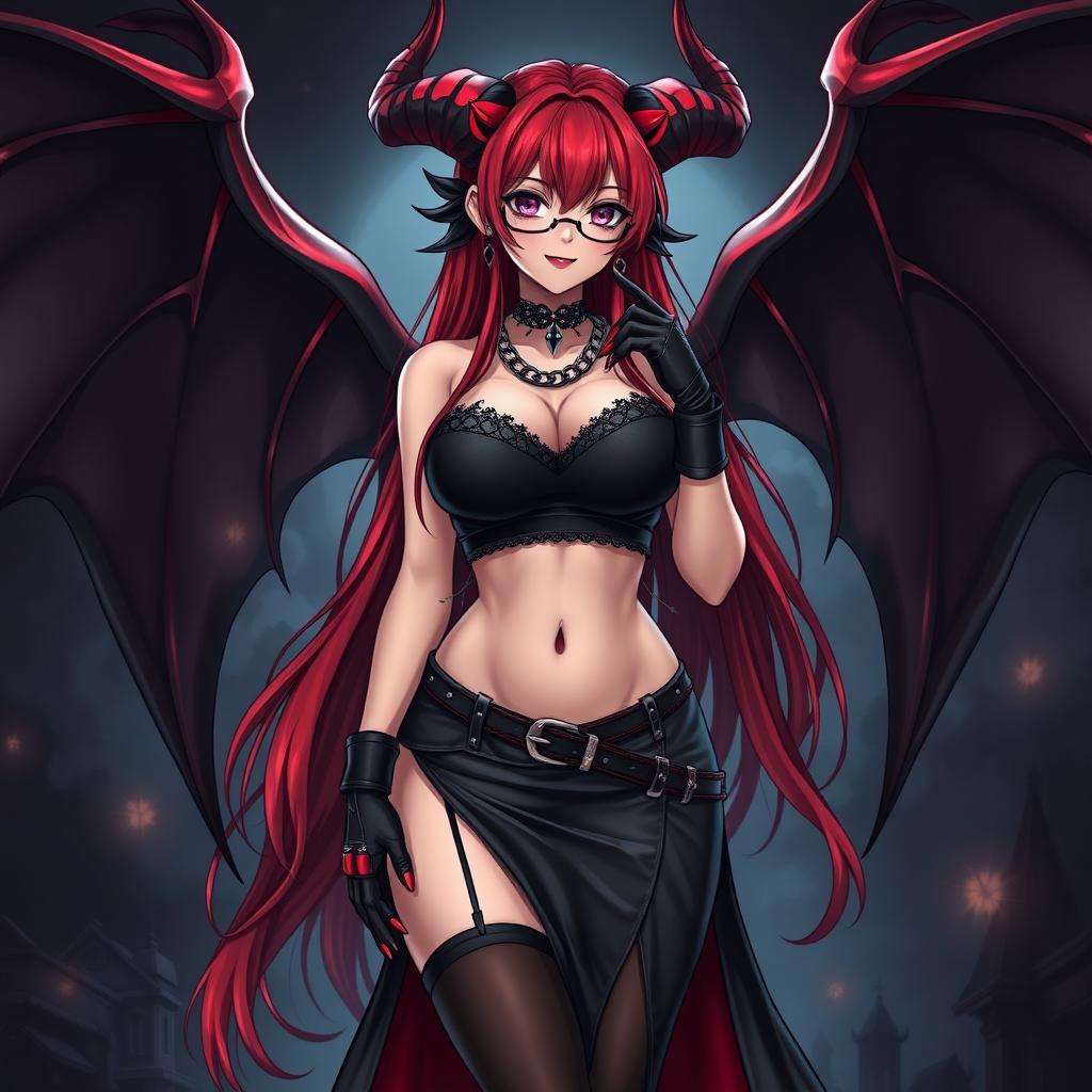 A sexy gothic witch anime girl with striking demonic wings and prominent horns, featuring long, luxurious red hair and voluptuous breasts