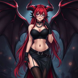 A sexy gothic witch anime girl with striking demonic wings and prominent horns, featuring long, luxurious red hair and voluptuous breasts