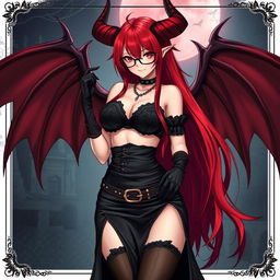 A sexy gothic witch anime girl with striking demonic wings and prominent horns, featuring long, luxurious red hair and voluptuous breasts