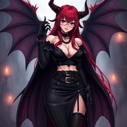 A sexy gothic witch anime girl with striking demonic wings and prominent horns, featuring long, luxurious red hair and voluptuous breasts