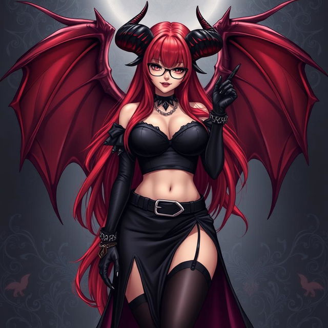 A sexy gothic witch anime girl with striking demonic wings and prominent horns, featuring long, luxurious red hair and voluptuous breasts