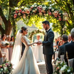 A beautiful wedding scene set in a lush garden, featuring a couple exchanging rings under a floral arch adorned with roses and greenery