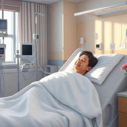 A realistic depiction of a hospital room where a patient is resting in a hospital bed