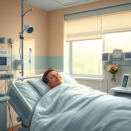 A realistic depiction of a hospital room where a patient is resting in a hospital bed