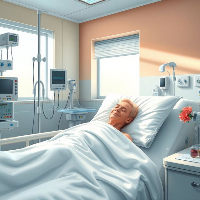 A realistic depiction of a hospital room where a patient is resting in a hospital bed