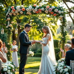 A beautiful wedding scene set in a lush garden, featuring a couple exchanging rings under a floral arch adorned with roses and greenery
