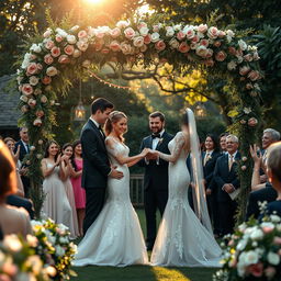 A beautiful wedding scene set in a lush garden, featuring a couple exchanging rings under a floral arch adorned with roses and greenery