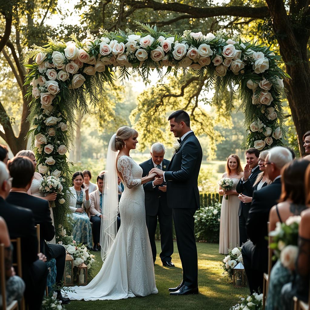 A beautiful wedding scene set in a lush garden, featuring a couple exchanging rings under a floral arch adorned with roses and greenery