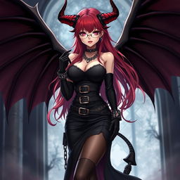 A sexy gothic witch anime girl with striking demonic wings and prominent horns, featuring long, flowing red hair and voluptuous breasts
