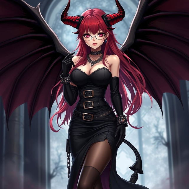 A sexy gothic witch anime girl with striking demonic wings and prominent horns, featuring long, flowing red hair and voluptuous breasts
