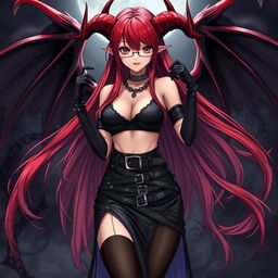A sexy gothic witch anime girl with striking demonic wings and prominent horns, featuring long, flowing red hair and voluptuous breasts