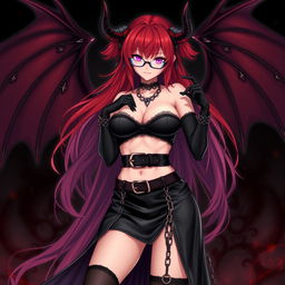 A sexy gothic witch anime girl with striking demonic wings and prominent horns, featuring long, flowing red hair and voluptuous breasts