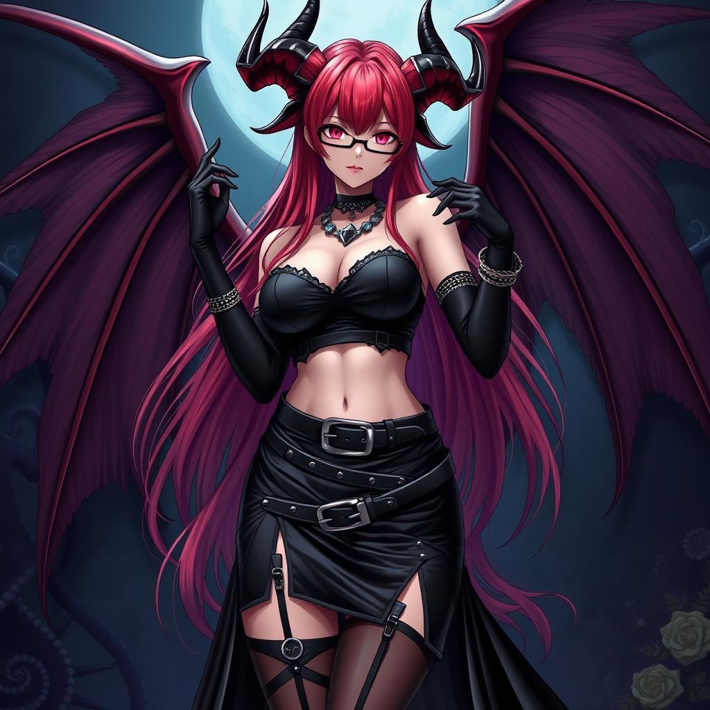 A sexy gothic witch anime girl with striking demonic wings and prominent horns, featuring long, flowing red hair and voluptuous breasts