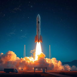 A stunning digital art poster depicting a powerful rocket launch into space