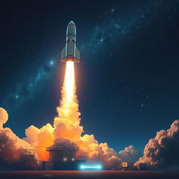A stunning digital art poster depicting a powerful rocket launch into space