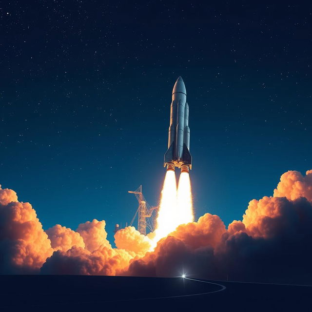 A stunning digital art poster depicting a powerful rocket launch into space