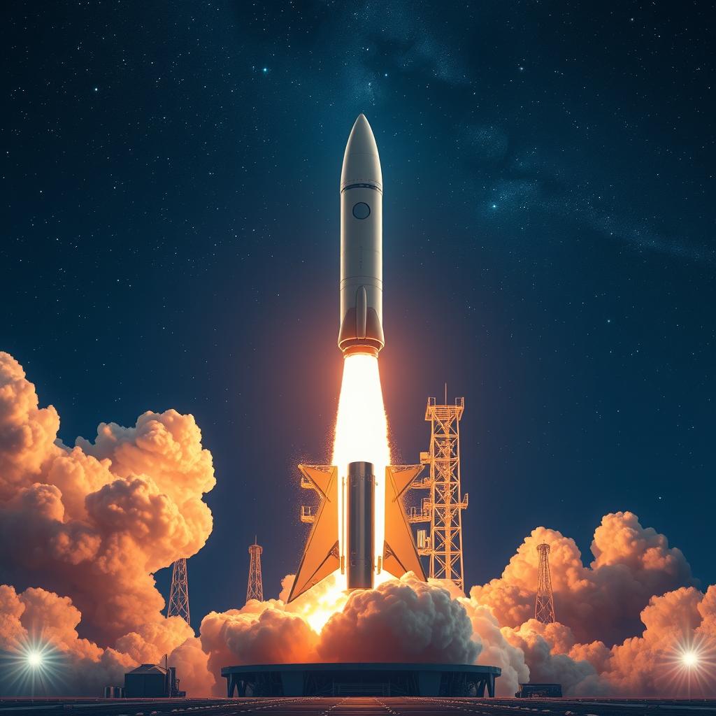 A stunning digital art poster depicting a powerful rocket launch into space