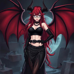 A captivating sexy gothic witch anime girl with striking demonic wings and prominent horns, featuring long, luxurious red hair cascading around her voluptuous figure