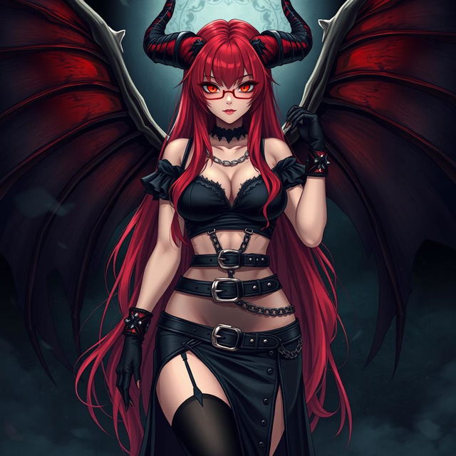 A captivating sexy gothic witch anime girl with striking demonic wings and prominent horns, featuring long, luxurious red hair cascading around her voluptuous figure