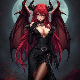 A captivating sexy gothic witch anime girl with striking demonic wings and prominent horns, featuring long, luxurious red hair cascading around her voluptuous figure