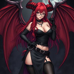 A captivating sexy gothic witch anime girl with striking demonic wings and prominent horns, featuring long, luxurious red hair cascading around her voluptuous figure