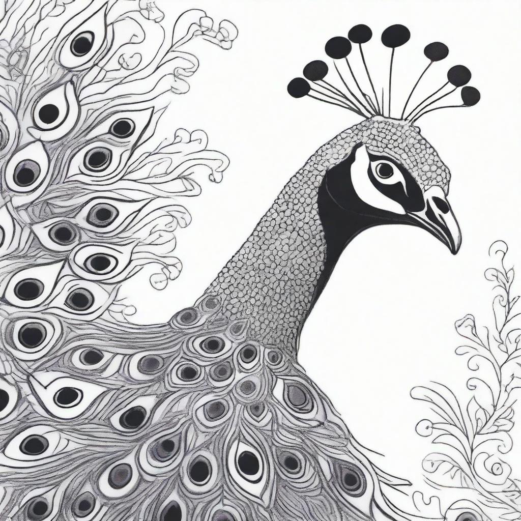 An alternate high-quality image of a peacock, rendered in black and white using a sharpie marker