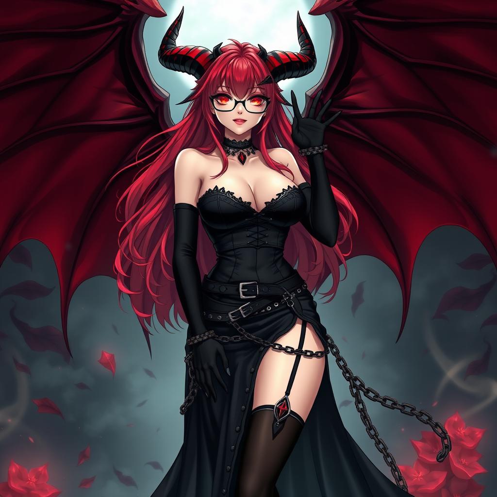 A sexy gothic witch anime girl with impressive demonic wings and striking horns, featuring long, flowing red hair and curvaceous breasts