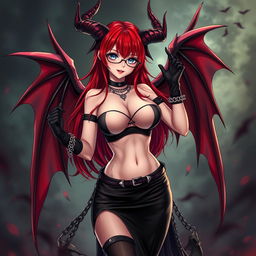 A sexy gothic witch anime girl with impressive demonic wings and striking horns, featuring long, flowing red hair and curvaceous breasts