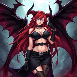 A sexy gothic witch anime girl with impressive demonic wings and striking horns, featuring long, flowing red hair and curvaceous breasts