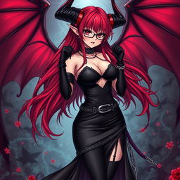 A sexy gothic witch anime girl with impressive demonic wings and striking horns, featuring long, flowing red hair and curvaceous breasts
