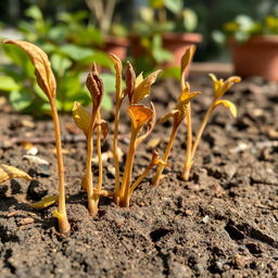 A close-up of withering seedlings in a detailed botanical setting, showcasing their dying phase with brown and yellowish leaves due to chlorosis