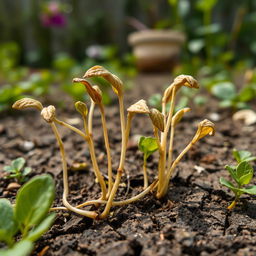 A close-up of withering seedlings in a detailed botanical setting, showcasing their dying phase with brown and yellowish leaves due to chlorosis