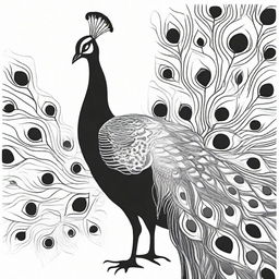 An alternate high-quality image of a peacock, rendered in black and white using a sharpie marker