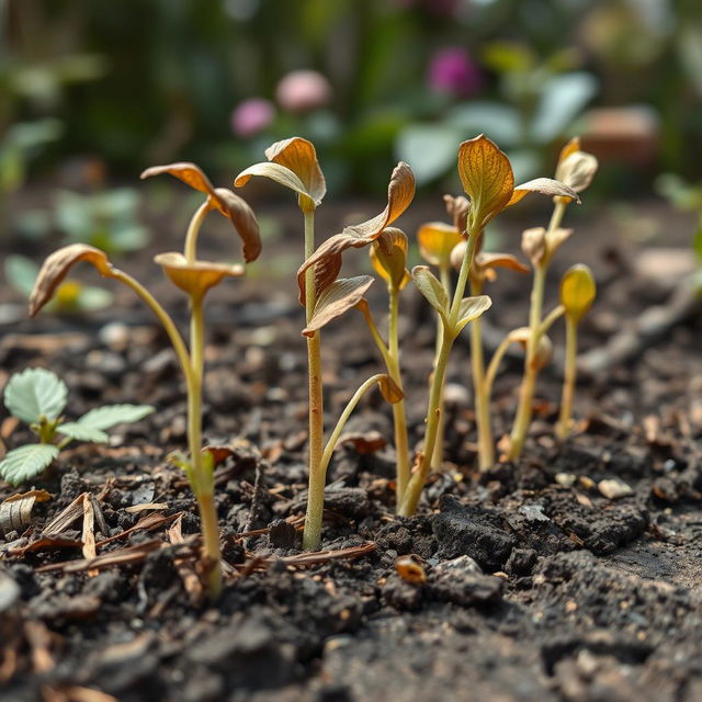 A close-up of withering seedlings in a detailed botanical setting, showcasing their dying phase with brown and yellowish leaves due to chlorosis