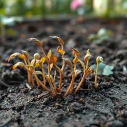 A close-up of withering seedlings in a detailed botanical setting, showcasing their dying phase with brown and yellowish leaves due to chlorosis