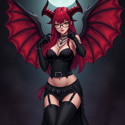 A seductive gothic witch anime girl with impressive demonic wings and distinct horns, featuring long, vibrant red hair and voluptuous breasts