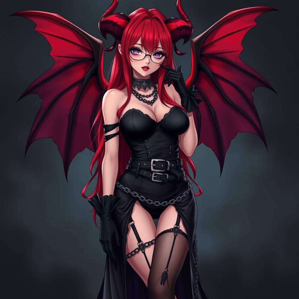 A seductive gothic witch anime girl with impressive demonic wings and distinct horns, featuring long, vibrant red hair and voluptuous breasts