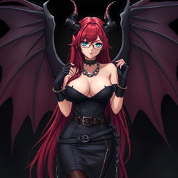 A seductive gothic witch anime girl with impressive demonic wings and distinct horns, featuring long, vibrant red hair and voluptuous breasts