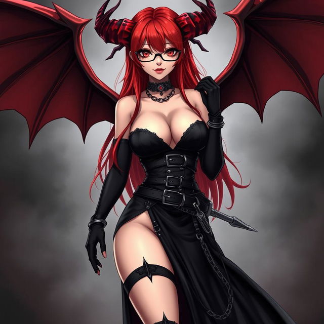 A seductive gothic witch anime girl with impressive demonic wings and distinct horns, featuring long, vibrant red hair and voluptuous breasts