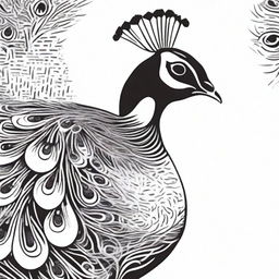 An alternate high-quality image of a peacock, rendered in black and white using a sharpie marker